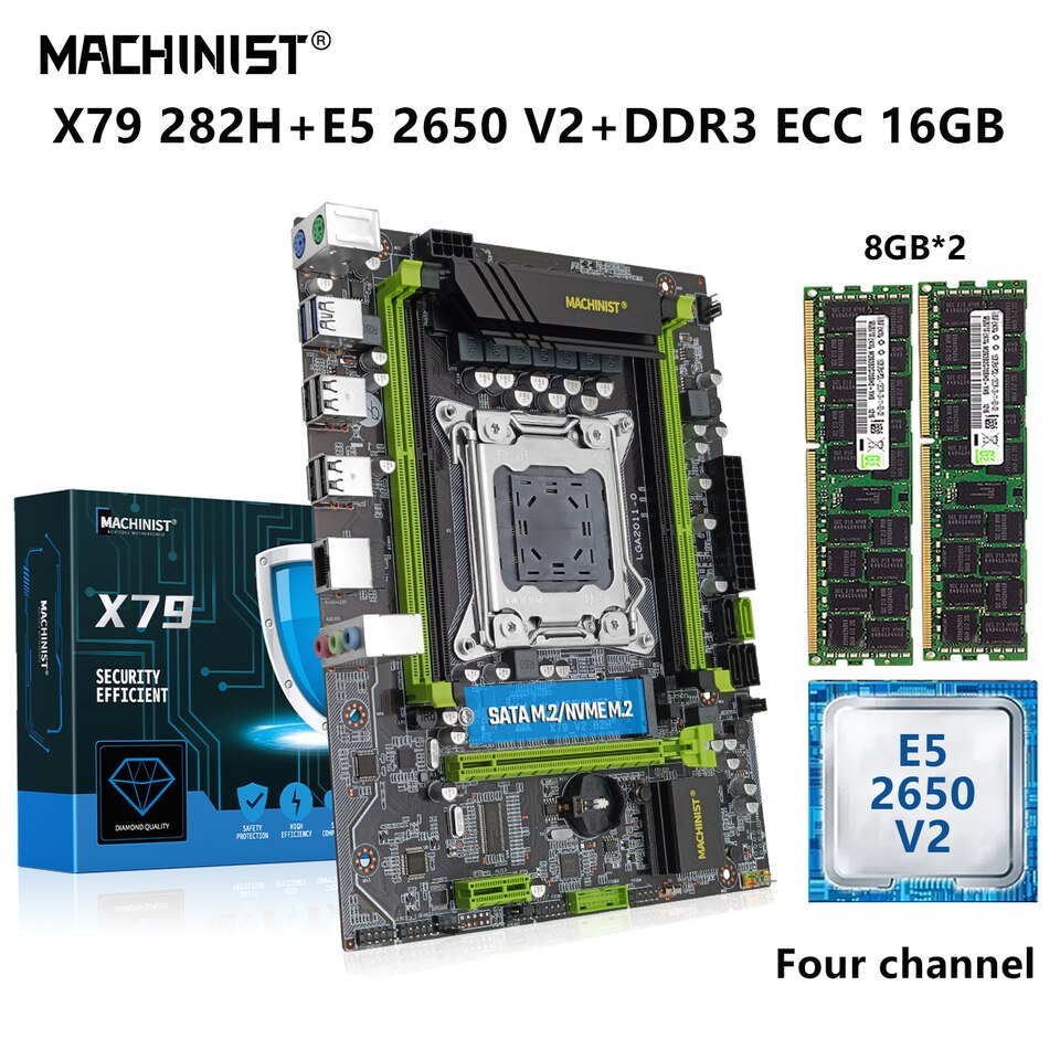 Placa-mãe MACHINIST X79 LGA 2011 Kit com processador Xeon E5 2650 V2 16G=8G*2 DDR3 ECC RAM Suporte quatro canais X79 282H